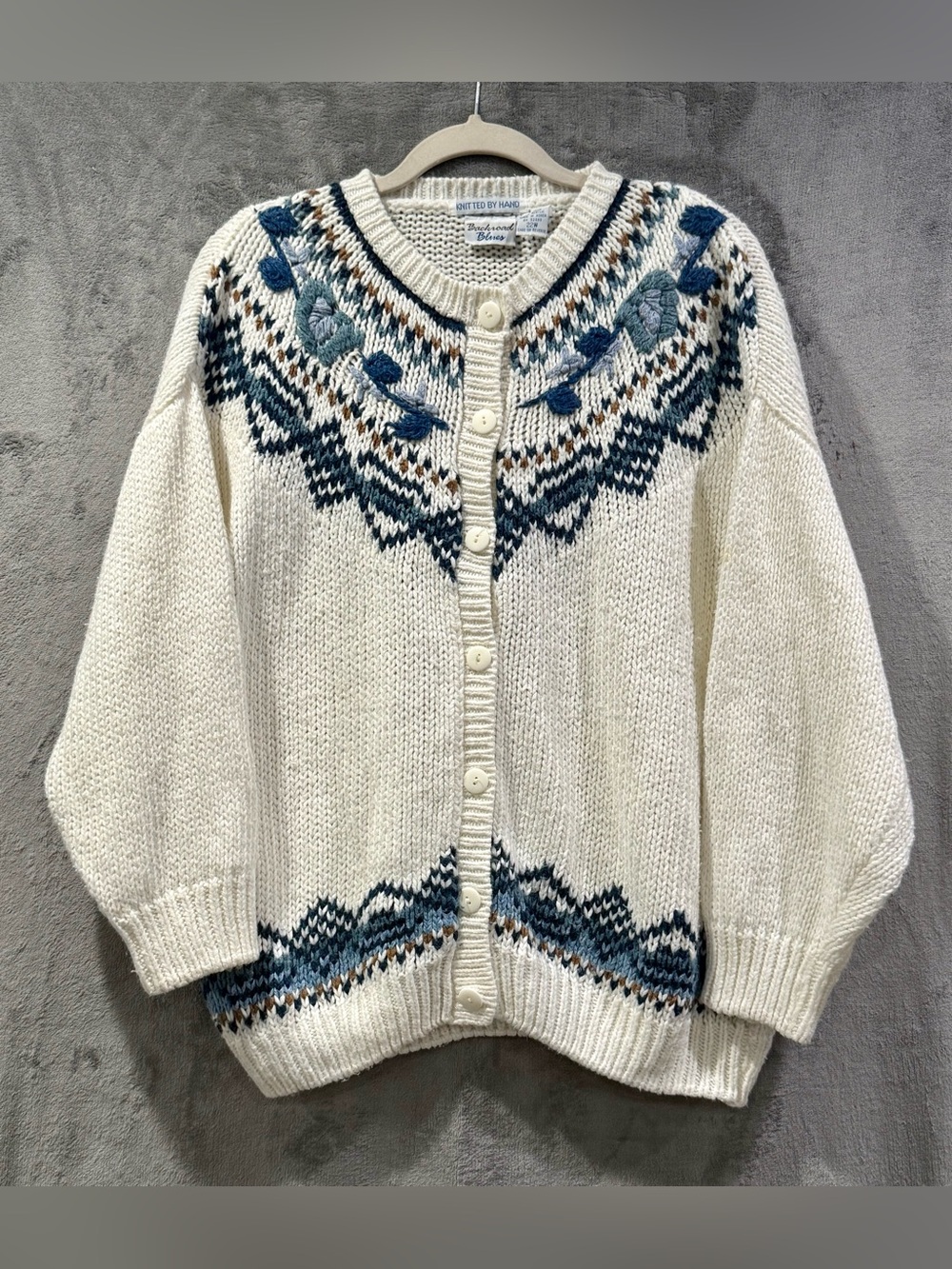Vintage Backroad Blues Cardigan Sweater Size 22W Fair Isle Hand Knitted Cozy